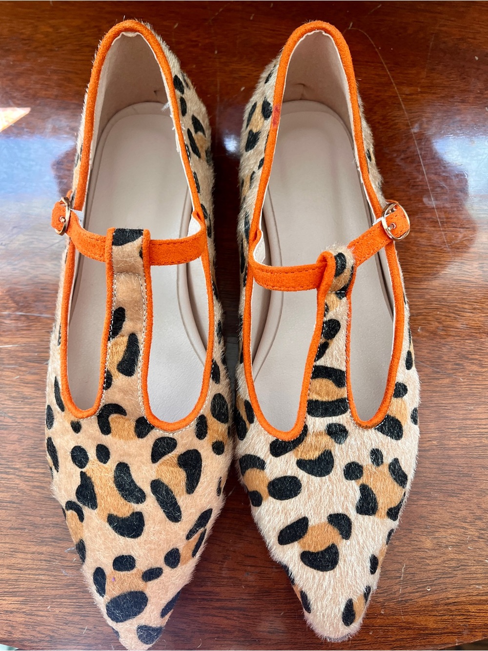 Leopard Print Pointed Mary Jane Flats with Orange Trim, Women’s EUR 38/US 7.5-8